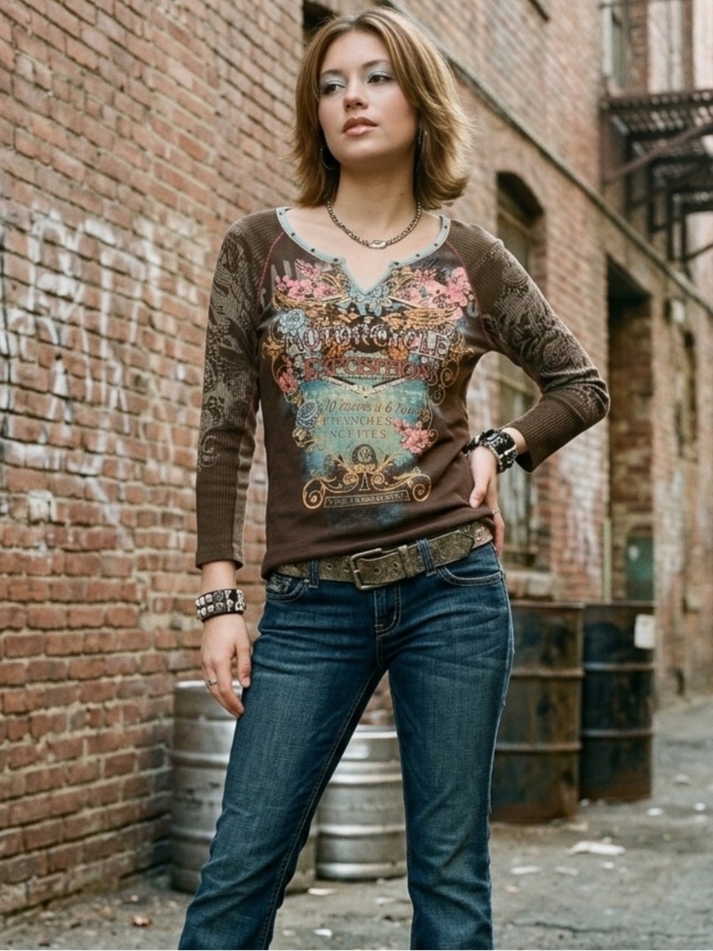 Vanilla Sugar Y2K Studded Motorcycle Grunge Graphic Long Sleeve V-Neck Top